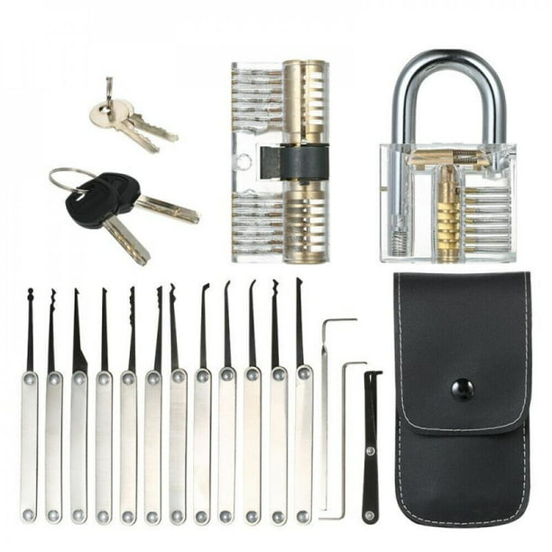 15pc Lock Tools Unlocking Lock Pick Set Key Transparent Practice Padlock